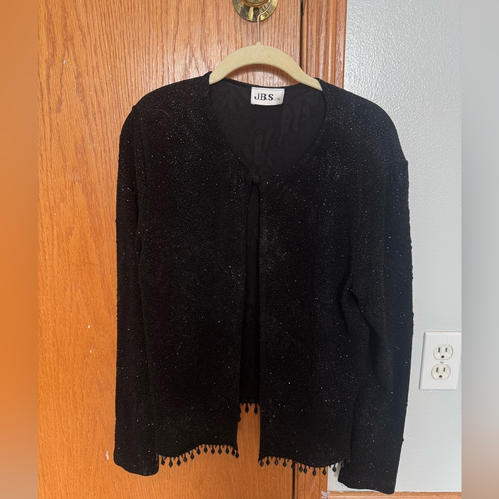 J.B.S. black top button dressy cardigan, black sparkles w/beads lower hem SM/M